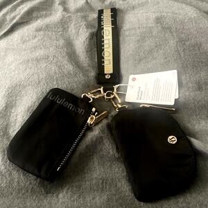 Lululemon Dual Pouch Wristlet Wallet Keychain Black Gold Wordmark